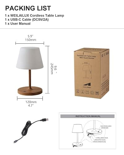 WEILAILUX Outdoor Battery Operated Table Lamp Waterproof, 4000mAh Cordless Table Lamp Rechargeable, Touch Dimmable Desk Lamp, LED Night Light for Patio Camping Restaurant Home (Wood Grain, 9.6in) thumbnail 8