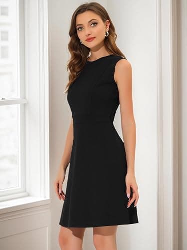 Allegra K Women's Work Dress Round Neck Solid Color Sleeveless A-Line Casual Office Dresses thumbnail 3