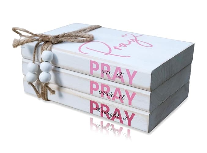 LIVDUCOT Pink Wood Book Stack Pray Christian Home Decor for Women - Wooden Block Sign Table Decoration - Inspiration Prayer Office Decor Religious Gift - Image 1