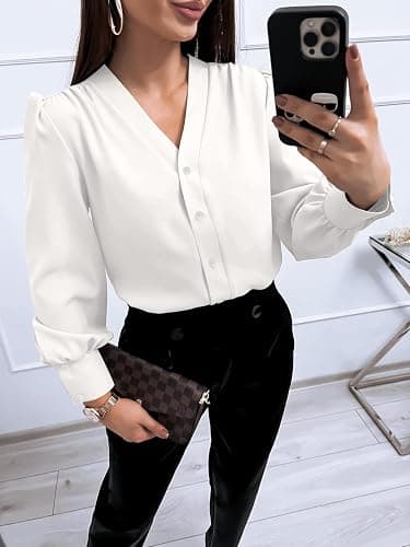 Women's Business Casual Tops Summer Long Sleeve Button Down Shirts V Neck Chiffon Blouses thumbnail 3