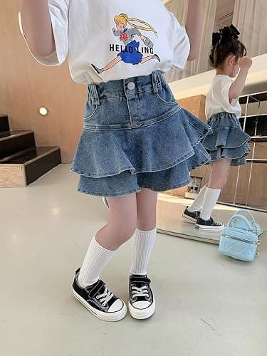 Flofallzique Little Girl's Denim Skirts Mini Flared Pleated Toddler Jean Skorts with Shorts Underneath thumbnail 3
