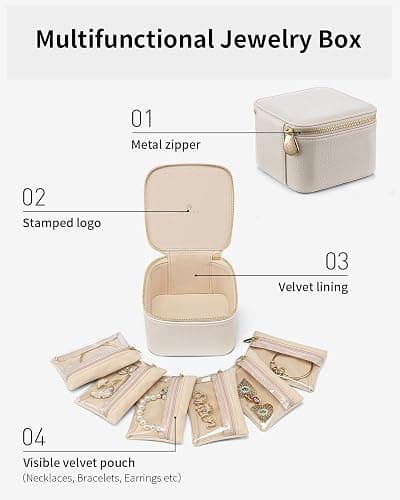 Vlando Travel Jewelry Case,Small Jewelry Box Organizer,Travel Jewelry Storage with 6 Velvet Jewelry Zipper Pockets, Birthday Gifts for Women Girls (White) thumbnail 5