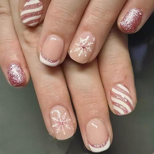Christmas Press on Nails Short Square Fake Nails Full Cover Snowflake French Tip Glitter Design False Nails Xmas Cute Stick on Nails Winter Acrylic Artificial on Nails for DIY Nail Decoration 24Pcs - Image 1