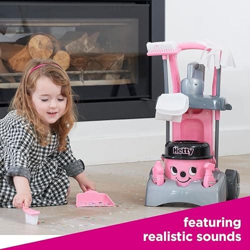 Casdon Henry & Hetty Toys - Hetty Deluxe Cleaning Trolley - Pink Hetty-Inspired Toy Playset with Working Hand Vacuum - Kids Cleaning Trolley Set with Accessories - For Children Aged 3+ thumbnail 2
