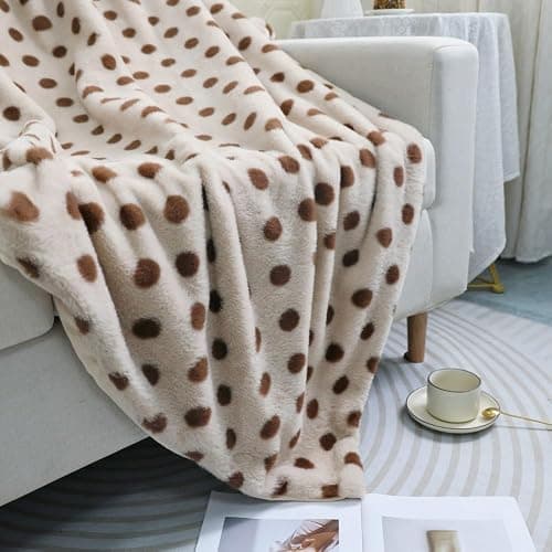 Soft Plush Throw Blanket with Polka Dots, Luxury Faux Fur,Doule Side, Multiple Colors Available,Gift for Women (Khaki and Brown, Twin(63" x 79")) thumbnail 6