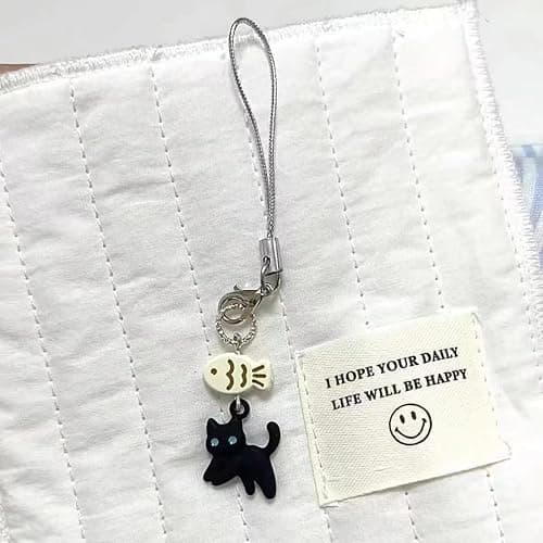 PUCAPOCO Black Cat Phone Charm Cute Kawaii Cat Fish Phone Bag Charm Accessories thumbnail 2