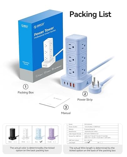 ORICO Power Strip Tower with Multiple Outlets, Tower Extension Cord with 12 AC Outlets 4 USB Ports (2 USB C), Space Saving Design, 5FT Cord Power Tower for Home, Office, Dorm - TPP20 thumbnail 8