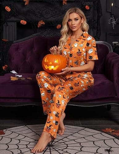 Ekouaer Silk Pajamas for Womens Set 2 Piece Fall Pjs with Pockets | Satin Short Sleeve Sleepwear, Soft Button Down Tops/ Wide Leg Pants for Lounging, Date Nights, Honeymoon, Bridal Wedding Day thumbnail 2