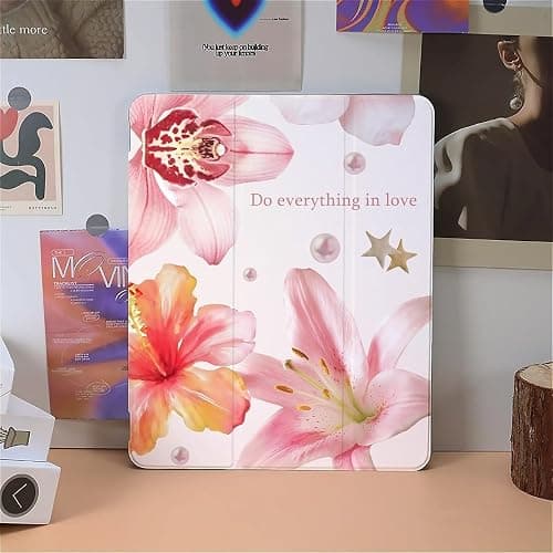 Pink Lilies and Hibiscus Flowers Case Compatible with IPad 9th 8th 7th Generation 10.9 Inch 2021/2019/2018,Funny Cover with Trifold Stand + Pencil Holder for Boys Girls,iPad Air6 11inch 2024 thumbnail 5