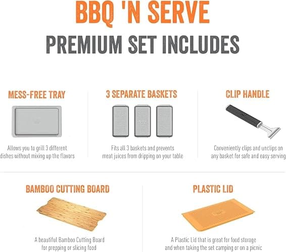 Yukon Glory™ BBQ 'N SERVE Premium Set, Includes 3 Grill Baskets, Serving Tray, Bamboo Cutting Board, Plastic Lid and Clip-on Handle thumbnail 5