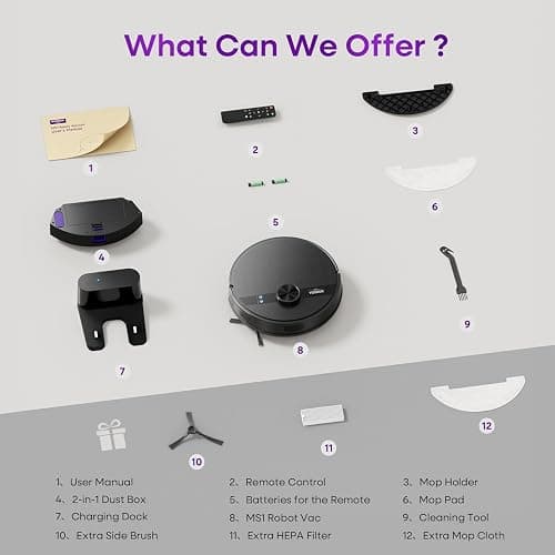 MONSGA Robot Vacuum and Mop Combo, 7000Pa Robotic Vacuum with Lidar Navigation, 180mins Runtime, Tangle-Free Robot Mop, 5 Editable Maps, APP/Remote/Voice Control, Ideal for Hard Floors and Carpets thumbnail 9