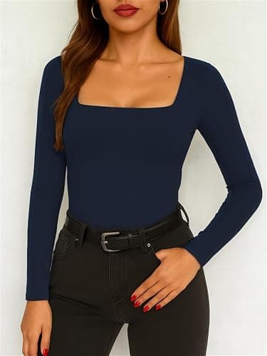 ForeFair Women Square Neck Long Sleeve Going Out Tops Tight Double Lined Basic Tees Shirt thumbnail 6