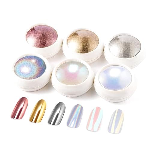 BISHENGYF Gold Chrome Nail Powder: Superspiegel-Nagelglitzer, Metal Holo Cromepulver Nägel Gel Pigment Weiß Aurora Glazed Donut Glassy Pearl Nagelpuder, Silver Nagelkunstsalon DIY Design Dekor(6PCS) - Image 1
