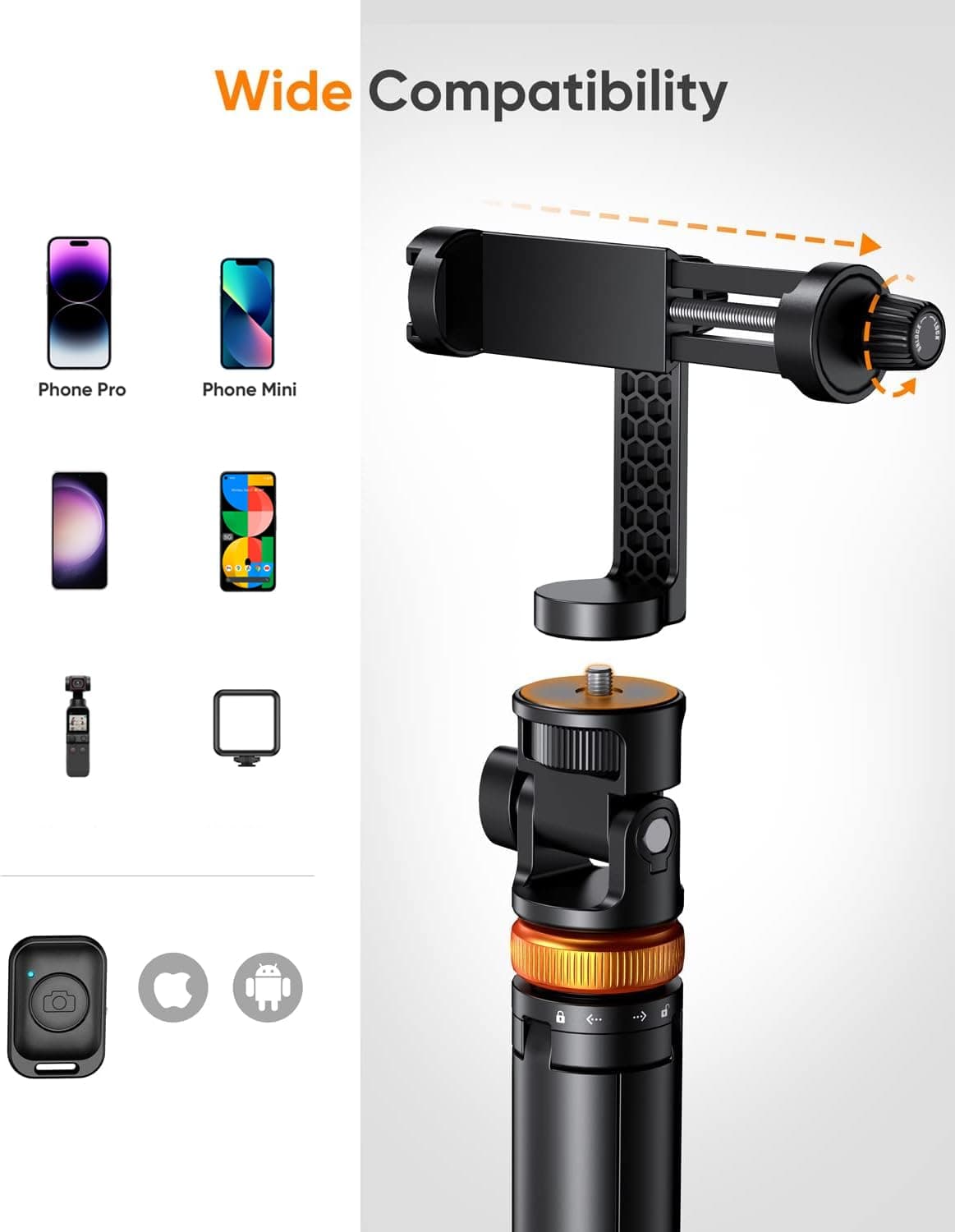 EUCOS 62" Phone Tripod, Tripod for iPhone & Selfie Stick Tripod with Remote, Extendable Cell Phone Stand & Travel Tripod, Solidest Tripod for Phone Compatible with iPhone/Android thumbnail 4