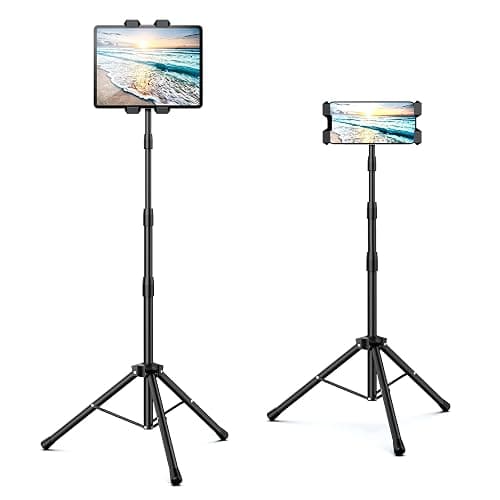 Raking Tablet Floor Stand, Height Adjustable Cellphone Floor Stand with 360°Rotating Tripod Mount, Compatible with iPhone iPad mini/Air/Pro and All 5.5-12.9 Inch Devices - Image 1