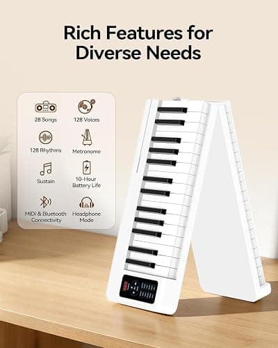 Rhymo Folding Piano Keyboard, 61 Keys Sensitive Electric Piano | Semi-Weighted Portable Electric Keyboard with Bluetooth MIDI, Digital Foldable Keyboard for Beginners(White) thumbnail 4