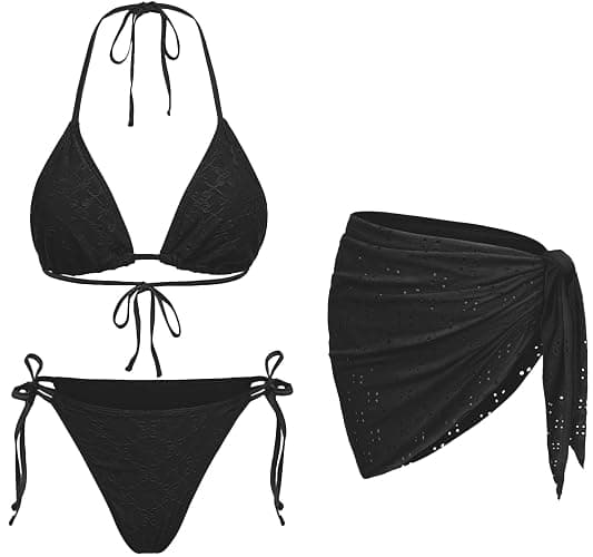 Women 3 Piece Swimsuits - Sexy Triangle Bikini Sets with Cover Up Halter String Tie Side Bathing Suits - Image 1
