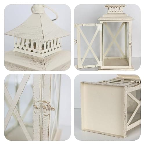 Lanterns Decorative Outdoor&Indoor, Set of 2 (14"&10") Beige Metal Lantern Decor with Glass, Candle Holder for Porch, Patio, Garden, Balcony, Wedding, Table Centerpiece thumbnail 6