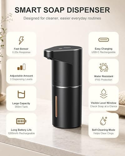 Fantictas Automatic Liquid Soap Dispenser, 3 Levels for Kitchen and Bath | For Hand and Dish Soap, Responsive Sensor, Type-C Charging, 90-day Use, Wall Mountable, IPX5 Waterproof, 350ML, Black Gel thumbnail 7