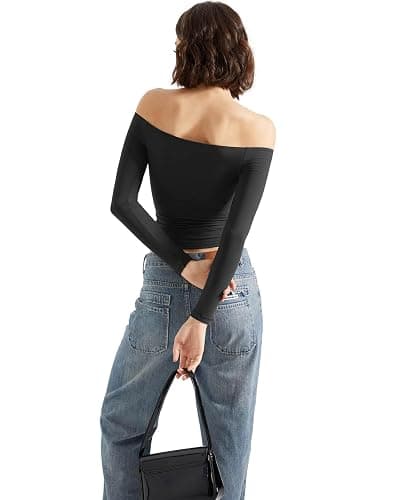 SUUKSESS Women Off Shoulder Double Lined Long Sleeve Shirts Basic Going Out Tops thumbnail 6