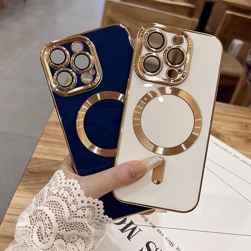 OOK Magnatic Case for iPhone 15 Pro Max Case [Compatible with MagSafe] Full Camera Lens Protector Gold Electroplate Edge Soft TPU Shockproof Protective Phone Case for Women Men 6.7 Inch - Wihte thumbnail 4