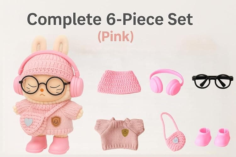 AERHENM 17cm Doll Clothes 6-Piece Outfit Set – Handmade Crochet Sweater, Hat, Bag, Shoes, Glasses & Headphones – Fashion Accessories for 5.91–6.7" Mini Dolls – Doll Not Included (Pink) thumbnail 4