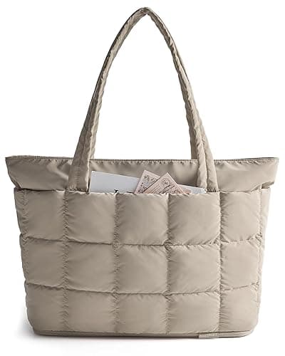 BAGSMART Expandable Tote Bag for Women, Puffer Work Tote Handbag, Quilted Carry-On Travel Gym Bag - D-khaki