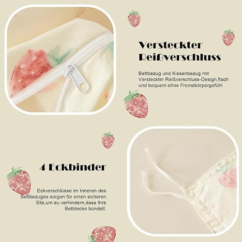 Sedefen Bettwäsche 135x200 cm mit Rüschen Creme Rosa Erdbeeren Wendebettwäsche aus Mikrofaser,ÖkoTex Zertifiziert & für Allergiker Geeignet,1 Bettbezügen & 1 Kissenbezügen 80x80 thumbnail 7