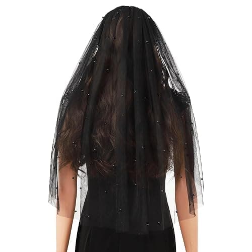 Acenail Black Veil Brides Wedding Long Pearl Mourning Funeral Lace Bridal Halloween Veil - Pearl thumbnail 6