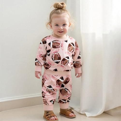 Toddler Baby Girls Football Outfit Funny Rugby Bow Print Sweatshirt Top Pants Set 2Pcs Fall Sport Pullover Clothes thumbnail 2