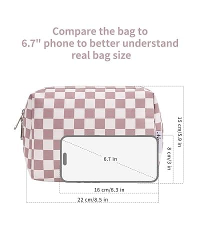 Narwey Checkered Makeup Bag Pink Travel Cosmetic Bag Organizer Toiletry Bag Make Up Bags with Compartments for Women Girls (Large, Dusty Rose Checkerboard) thumbnail 5