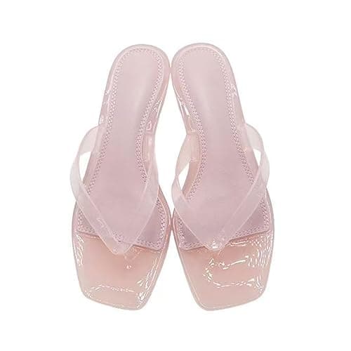 NHBEOEN Jelly Thong Kitten Heeled Sandals for Women Clear Comfortable Square Open Toe Slip On Low Heels Flip Flop Mules Summer Transparent Beach Slides thumbnail 6