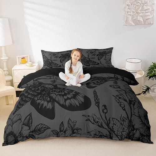 Feelyou Death Moth Comforter Set Full Size Kids Skull Decor Duvet Quilt for Boys Girls Teens Gothic Goth Skull Halloween Boho Moth Floral Black Grey Bedding Set Soft Lightweight Room Decor 3Pcs thumbnail 2