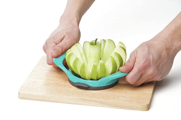 PrepWorks by Progressive Dishwasher Safe 16-Slice Thin Apple Slicer and Corer with Attached Safety Cover (Turquoise) thumbnail 3