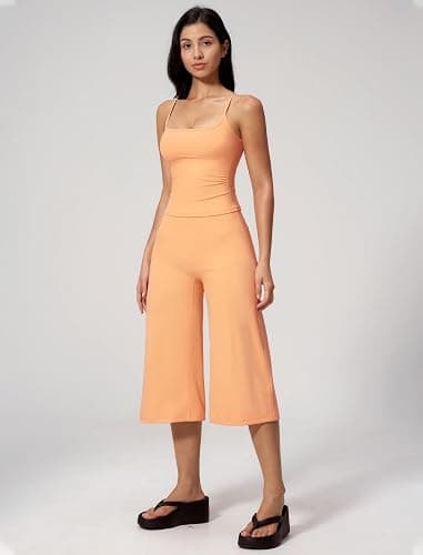 QBGJTD Womens Workout Sets Two Piece Spaghetti Straps Crop Top Matching Wide Leg Capri Pants Gym Work Pilates Outfits thumbnail 4