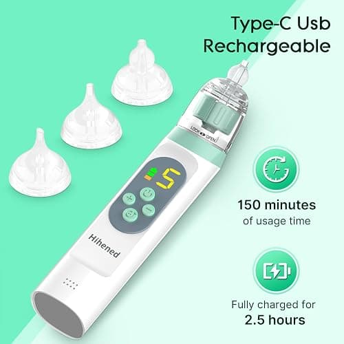 Electric Nasal Aspirator for Baby, Nose Aspirator for Toddlers, Waterproof Baby Nose Sucker, Nose Cleaner with 3 Silicone Tips, Adjustable Suction Level, Music and Light Soothing Function,Green thumbnail 6