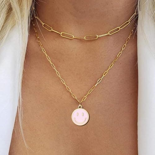 Smile Pendant Necklace Smile Face Chain Necklace Paperclip Necklace Cute Round Pendant Necklace Preppy Jewelry for Women Girls thumbnail 7