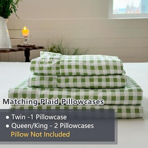 NSNLGSGC Sage Green Gingham Ruffle Queen Sheet Set, Green Soft Pre-Washed Microfiber Plaid Queen Bed Sheets, 4-Pieces Farmhouse Sheet Set with Deep Pocket thumbnail 7