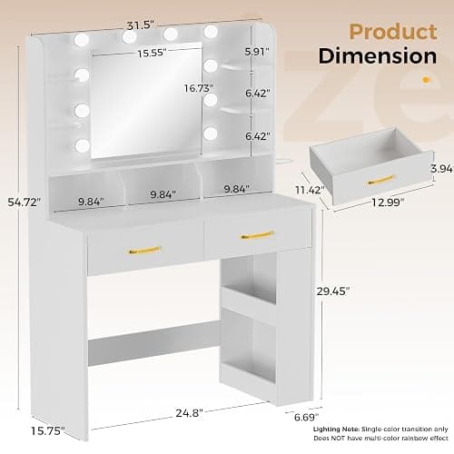 LUCKRACER Vanity Desk with LED Lights Mirror & Charging Station, Makeup Vanity with Storage Drawers and Shelves, Modern Dressing Table for Women Girls Bedroom, Ivory White thumbnail 2