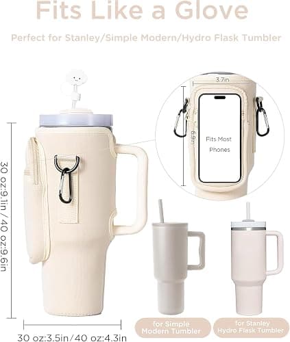 dabria Water Bottle Carrier Bag with Phone Pocket for Stanley 40/30 oz Tumbler Neoprene Water Bottle Holder Pouch with Adjustable Strap Bollus with Straw Cover & Carabiner for Stanley Cup Accessories thumbnail 2