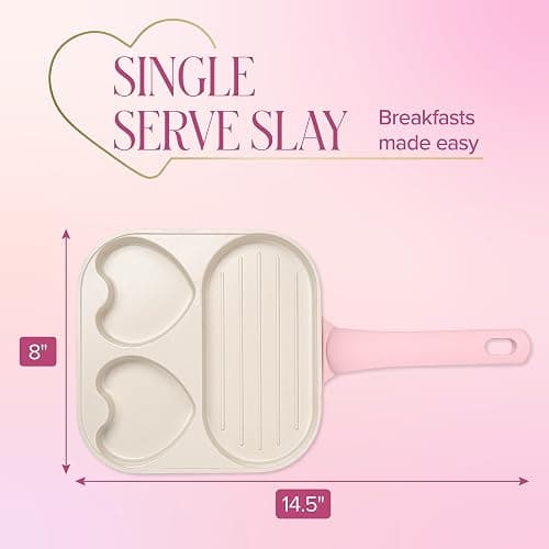 Paris Hilton Ceramic Nonstick Divided Skillet with Heart-Shaped Sections and Grill Plate, Cast Aluminum, Dishwasher Safe, 8-Inch, Pink thumbnail 2