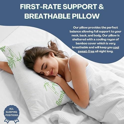 Memory Foam Rayon Bamboo Pillows Queen Size Set of 2 for Sleeping [Adjustable] - Cool & Breathable Cover with Zipper Rayon Bamboo Pillowcase - Relieves Neck Pain - Back/Stomach/Side Sleeper thumbnail 6