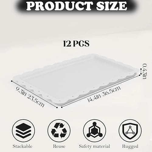 Food Tray, 12 Pack Serving Tray Serving Platter Fruit Dessert Plates, Plastic Serving Trays Rectangle Dessert Trays for Party, Wedding, Restaurant, 14.4" X 9.3" (White) - White thumbnail 3