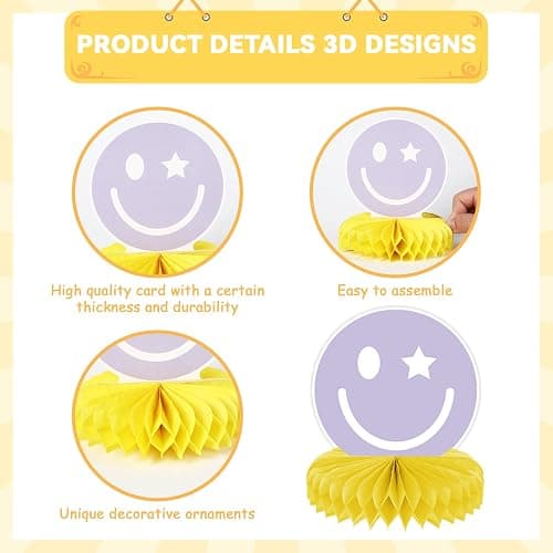 9PCS Smile Face Honeycomb Centerpieces Preppy Smile Face Table Decorations Happy Pastel Birthday Party Supplies for Colorful Rainbow Birthday Themed Bachelorette Decor Favor thumbnail 3