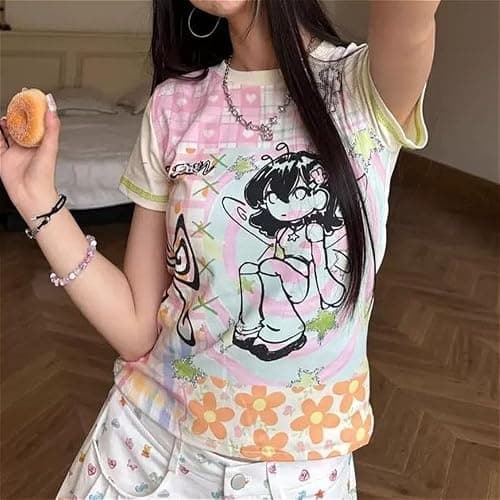 Anime Graphic Baby Tees Summer Harajuku Cute Short Sleeve Shirts Cutecore Kawaii Clothes Teen Girls 2000s Y2k Alt Tops thumbnail 3