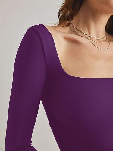 TiulZial Square Neck Shirt for Women - Long Sleeve Going Out Tops Double Lined Tight Crop T Shirt Slim Fit thumbnail 4