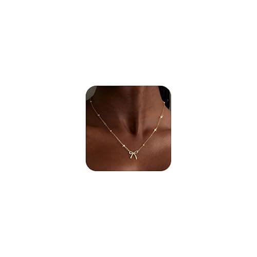 Thaivor Necklace for Women Dainty Bow Necklace 14K Gold Plated Cute Choker Small Pendant Charm Necklaces Teen Gift Trendy Stuff Personalized Jewelry Gifts thumbnail 8