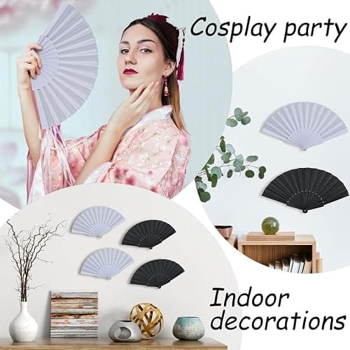 3 Pcs Hand Fan Folding,Silk Fabric Plastic Ribs Handheld Fans,Hand Held Paper Fan for Women Line Dance Cosplay Props Wedding Summer Festival Party Decorations Gifts (Black and White) thumbnail 6