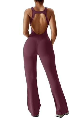 OEAK Womens Flare Jumpsuit with Bra Tummy Control Cutout Romper Workout Outfit Sleeveless Unitard One Piece Backless Bodysuit thumbnail 6