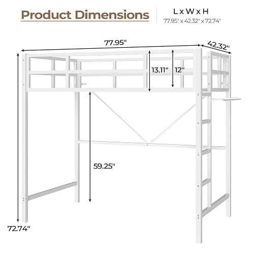 DICTAC Loft Bed Twin Size with Ladder and Guardrail,Metal Twin Loft Bed for Kid/Teen with Led Lights,Small Space Saving Furniture Design for Bedroom,Kid Room and Dorm,No Box Spring Needed, White thumbnail 2